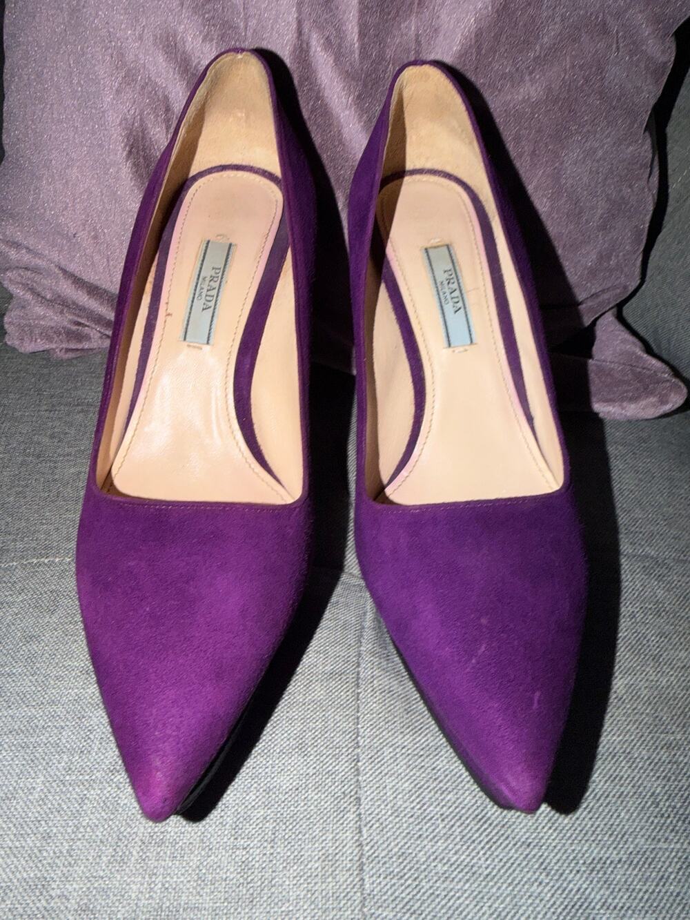 Prada Granato Suede Platform Pumps Purple Block Heel 37 / 6.5 Resoled Italy